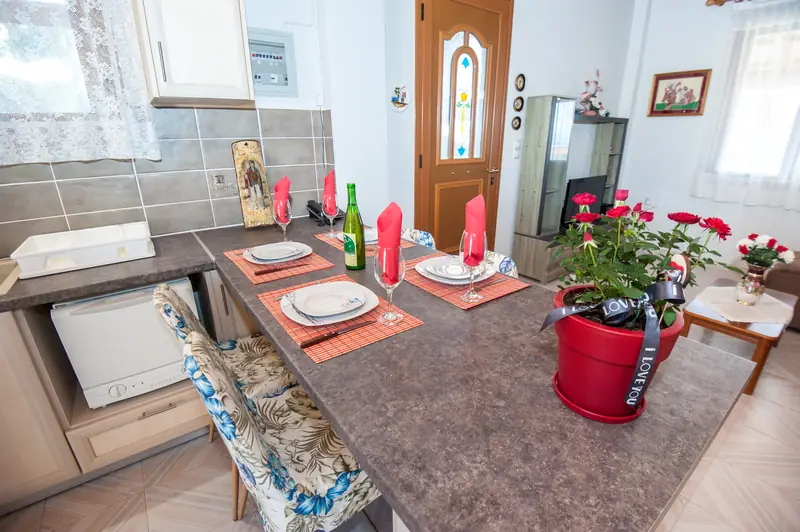 The dining table, laid for a meal