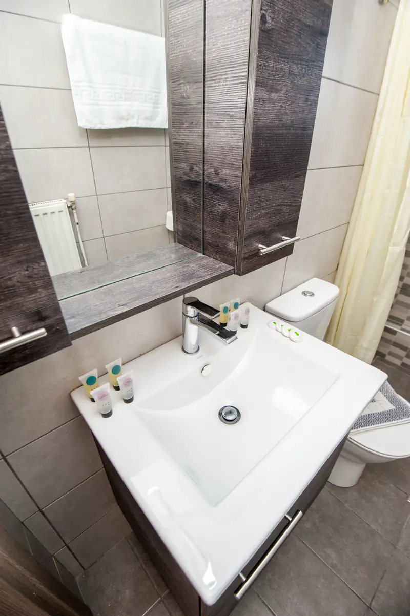 The bathroom, with towels laid out
